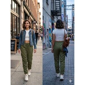 Project Indigo Green Cotton Twill Jogger Pants Ruched Drawstring Tapered Women S